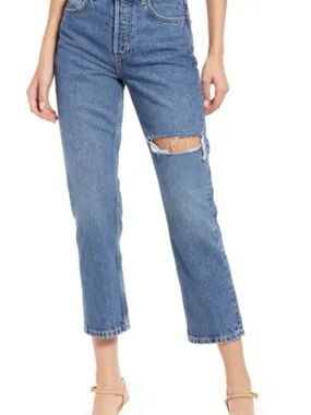 Topshop Light Blue High-Rise Cropped Distressed Jeans